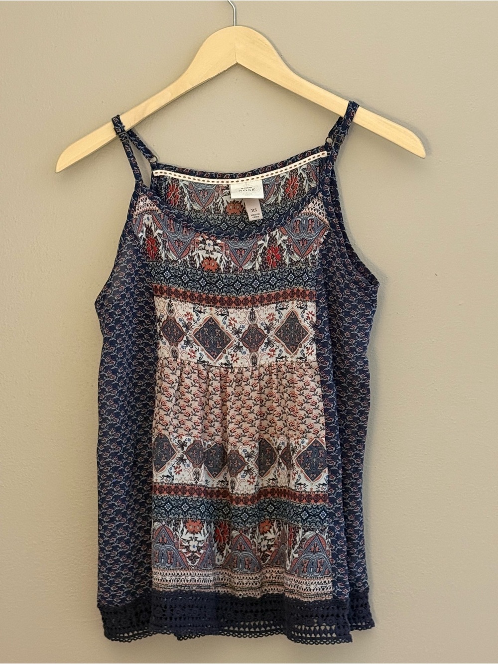 Knox Rose Boho Printed Sleeveless Tank Top - Navy, Cream Size XS